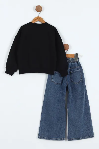 Siyah (5-10 Yaş)Happy Holidays  Nakışlı Sweatli Bol Paça Kot Pantolonlu Kız Çocuk 2'li Takım 416187