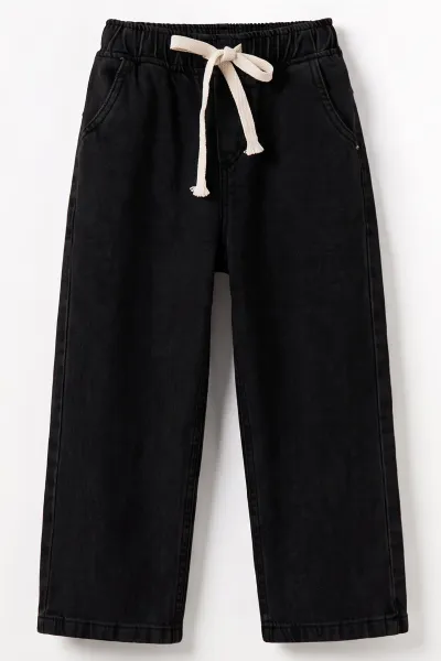 Siyah (5-12 Yaş) Baggy  Belden Bağlamalı Erkek  Çocuk Kot Pantolon 490862