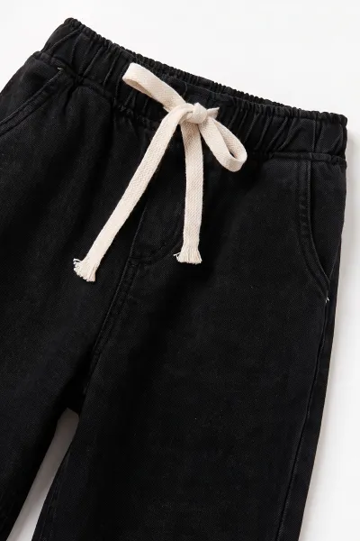 Siyah (5-12 Yaş) Baggy  Belden Bağlamalı Erkek  Çocuk Kot Pantolon 490862