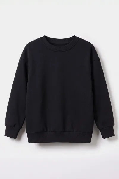 Siyah (5-12 Yaş) Baskısız   Düz 3 İp Şardonlu Erkek Çocuk Sweatshirt 483583