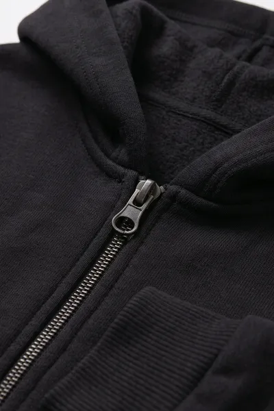 Siyah (5-12 Yaş) Baskısız Fermuarlı Kapüşonlu 3 ip Şardonlu Erkek Çocuk Sweatshirt 483571