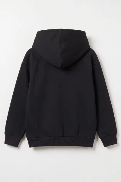 Siyah (5-12 Yaş) Baskısız Fermuarlı Kapüşonlu 3 ip Şardonlu Erkek Çocuk Sweatshirt 483571