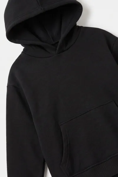 Siyah (5-12 Yaş) Baskısız Kapüşonlu 3 İp Şardonlu Erkek Çocuk Sweatshirt 481758