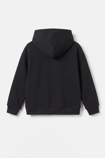 Siyah (5-12 Yaş) Baskısız Kapüşonlu 3 İp Şardonlu Erkek Çocuk Sweatshirt 481758