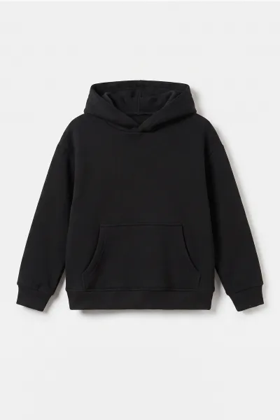 Siyah (5-12 Yaş) Baskısız Kapüşonlu 3 İp Şardonlu Erkek Çocuk Sweatshirt 481758