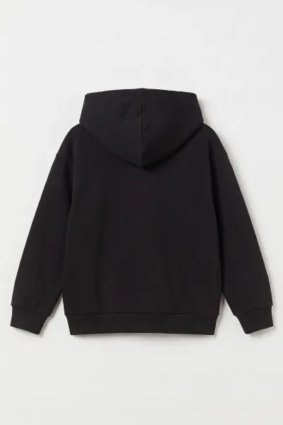 Siyah (5-12 Yaş)Kapüşonlu Baskısız Üç İp Şardonlu Erkek Çocuk Sweatshirt 492180