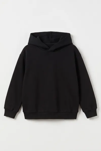 Siyah (5-12 Yaş)Kapüşonlu Baskısız Üç İp Şardonlu Erkek Çocuk Sweatshirt 492180