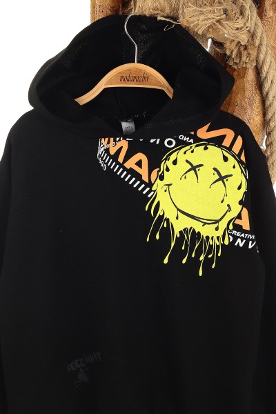 Siyah (5-8 Yaş) Feel Happy Baskılı Kapüşonlu  Mevsimlik Erkek Çocuk Sweat 157151