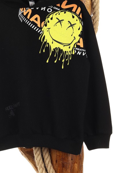 Siyah (5-8 Yaş) Feel Happy Baskılı Kapüşonlu  Mevsimlik Erkek Çocuk Sweat 157151