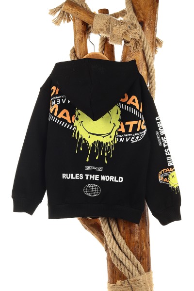 Siyah (5-8 Yaş) Feel Happy Baskılı Kapüşonlu  Mevsimlik Erkek Çocuk Sweat 157151