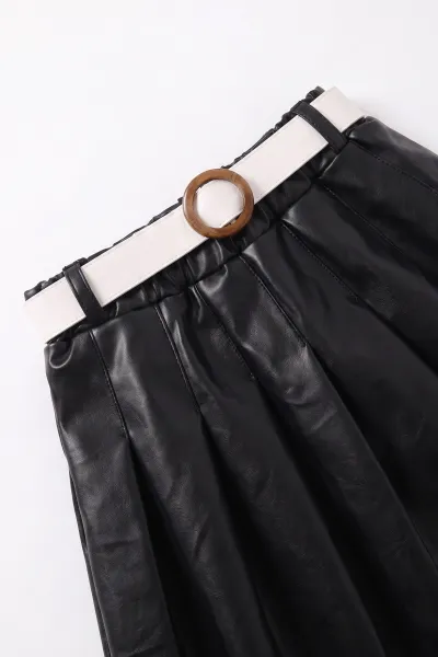 Siyah (5-9 Yaş) Pileli Deri Etekli Peluş Yelekli  Kız Çocuk 3lü Takım 495755