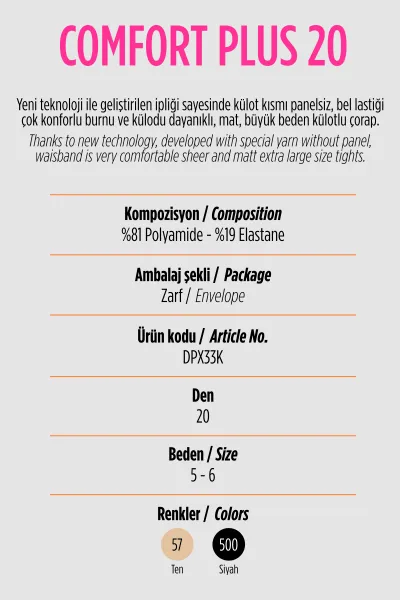 Siyah 500  - Penti  Comfort Plus 20 Den (Büyük Beden ) Kadın Külotlu Çorap 420956