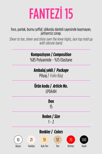 Siyah 500 Penti Fantezi 15 Den  Kadın  Jartiyersiz Diz Üstü Çorap 421143
