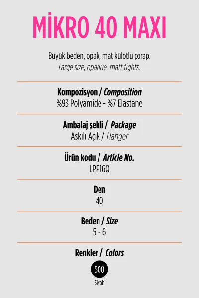Siyah 500  - Penti Mikro 40 Maxi 40 Den (Büyük Beden ) Kadın Külotlu Çorap 420966
