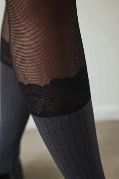 Siyah 500  Penti Ribbed Lace 30 Den  Desenli Kadın Külotlu Çorap 421356