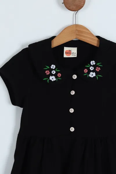 Siyah (6-10 Yaş) Bürümcük Nakışlı Kız Çocuk Elbise 246223