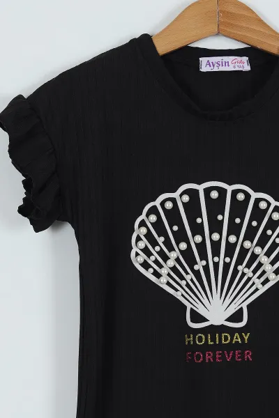 Siyah (6-10 Yaş) İnci Detay Holiday Baskılı Fitilli  Kız Çocuk Takım 280833