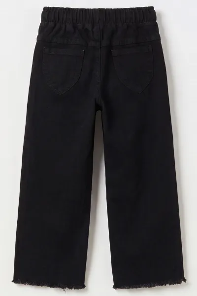 Siyah (6-12 Yaş)Beli Lastikli Fiyonk Nakışlı Paça Püsküllü Kız Çocuk Kot Pantolon 492859