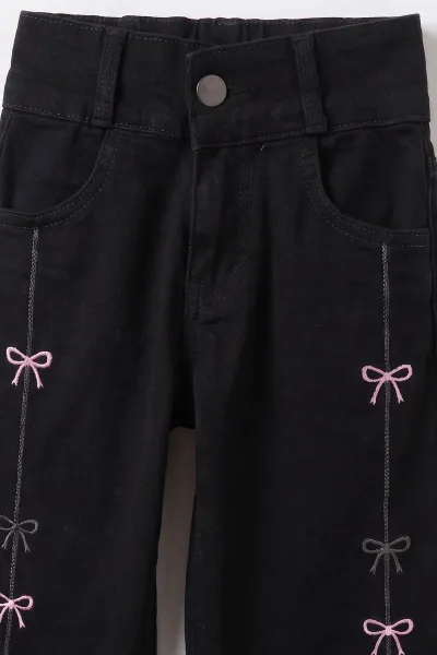 Siyah (6-12 Yaş)Şerit Kurdele Nakışlı Kız Çocuk Kot Pantolon 492854