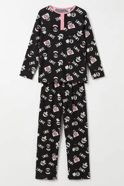 Siyah (6-14 Yaş) Desenli Yakadan Yarım Düğmeli  Süprem Kumaş Kız Çocuk Pijama Takımı 487215