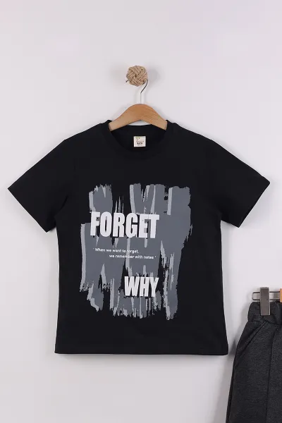 Siyah (6-14 Yaş) Forget Baskılı Tişörtlü ve Çimalı Şortlu Erkek Çocuk Yazlık Takım 453503