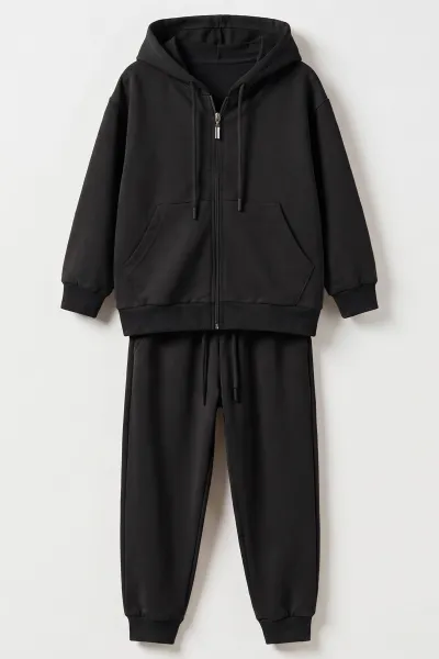 Siyah (6-14 Yaş) Kapüşonlu ve Fermuarlı 2 İp Penye Kumaş Unisex Çocuk  2'li Takım 488730