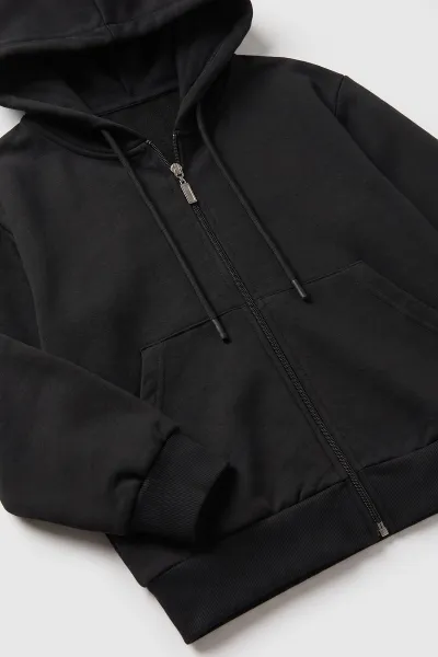 Siyah (6-14 Yaş) Kapüşonlu ve Fermuarlı 2 İp Penye Kumaş Unisex Çocuk  2'li Takım 488730