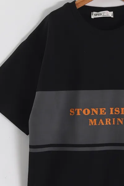 Siyah (6-14 Yaş) Stone Island Baskılı 2 İp Erkek Çocuk Tişört 469282