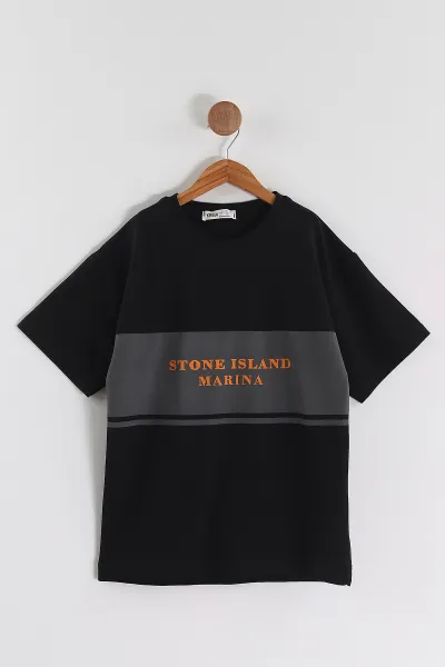 Siyah (6-14 Yaş) Stone Island Baskılı 2 İp Erkek Çocuk Tişört 469282