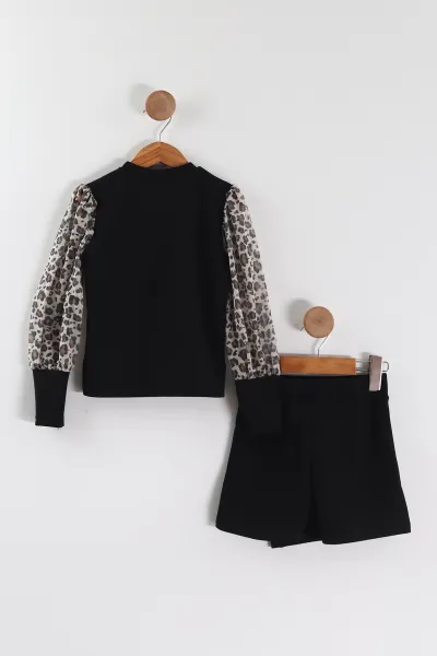 Siyah (6-14 Yaş)Şort Etekli Leopar Badili Kız Çocuk Takım 444531