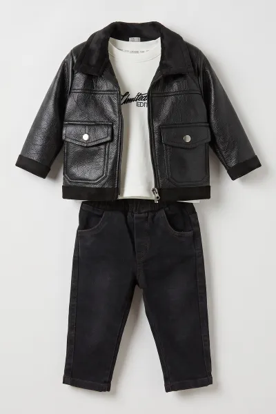 Siyah (6-24 Ay)  Baskılı Badili Deri Ceketli Kot Pantolonlu Erkek Bebek 3'lü Takım 501359