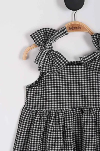 Siyah (6-9 Yaş)  Pötikare Desenli Şapkalı Kız Çocuk Elbise 254165