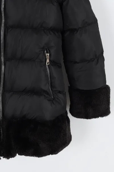 Siyah (7-10 Yaş) Etek Kol ve Kapüşon Peluşlu İç kürklü Dolgun Kız Çocuk Mont 309219
