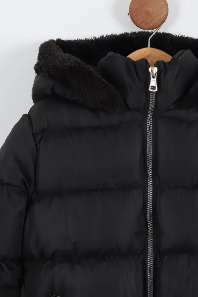Siyah (7-10 Yaş) Etek Kol ve Kapüşon Peluşlu İç kürklü Dolgun Kız Çocuk Mont 309219