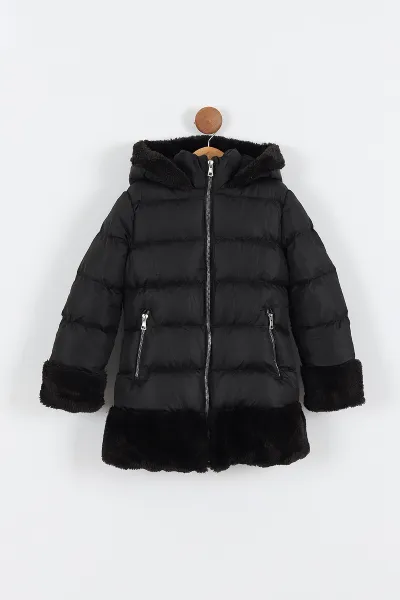 Siyah (7-10 Yaş) Etek Kol ve Kapüşon Peluşlu İç kürklü Dolgun Kız Çocuk Mont 309219