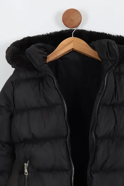 Siyah (7-10 Yaş) Etek Kol ve Kapüşon Peluşlu İç kürklü Dolgun Kız Çocuk Mont 309219