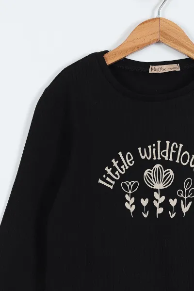 Siyah (7-10 Yaş) Little Wildflower Baskılı  Kazayağı Desen Kız Çocuk Şort Etekli Takım 333336
