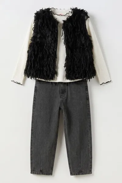 Siyah (7-11 Yaş) Fitilli Bodyli Peluş Yelekli Kot Pantolonlu Kız Çocuk 3'lü Takım 500967