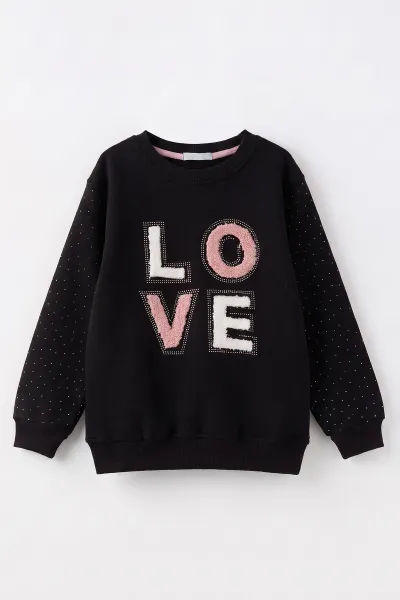 Siyah (2-11 Yaş) Love Nakışlı Taşlı  İçi Şardonlu Kız Çocuk Sweatshirt 483272