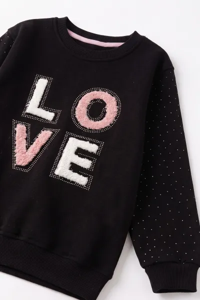 Siyah (2-11 Yaş) Love Nakışlı Taşlı  İçi Şardonlu Kız Çocuk Sweatshirt 483272