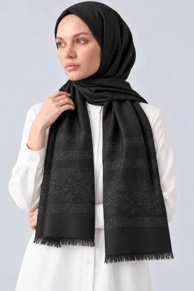 Siyah 70x180 Cm Floral Premium Jakarlı Pamuk Şal 494056