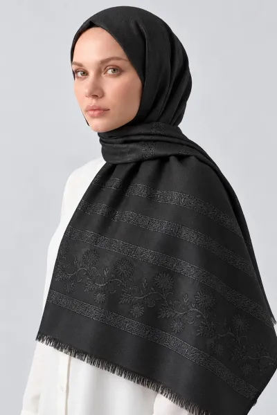 Siyah 70x180 Cm Floral Premium Jakarlı Pamuk Şal 494056