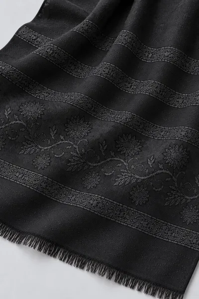 Siyah 70x180 Cm Floral Premium Jakarlı Pamuk Şal 494056