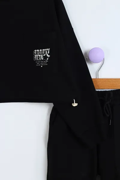 Siyah (8-12 Yaş) Belden Sıkmalı Oversize Model Ön Cepli Kız Çocuk Takım 302942
