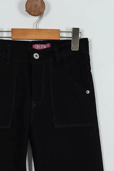 Siyah (8-12 Yaş) Düğmeli Kız Çocuk Kot Pantolon 252380