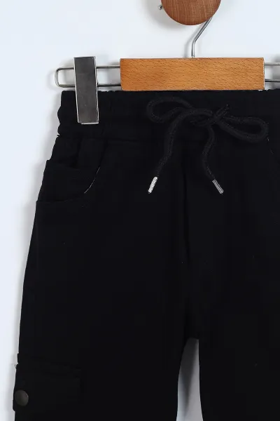 Siyah (8-12 Yaş ) Kargo Cepli Paça Lastikli Erkek Çocuk Keten Pantolon 328703