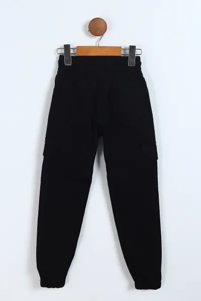Siyah (8-12 Yaş ) Kargo Cepli Paça Lastikli Erkek Çocuk Keten Pantolon 328703