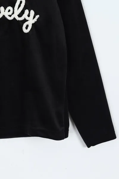 Siyah (5 -12 Yaş) Lovely  Nakışlı Yarım Balıkçı Yaka Kadife Kız Çocuk Sweat 410597
