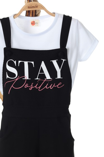 Siyah (8-12 Yaş) Stay Positive Baskılı Kız Çocuk Tulum 165996