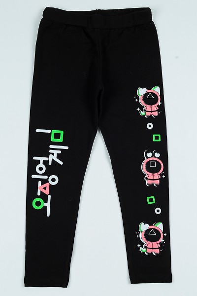Siyah (9-12 yaş) Beli Lastikli Baskılı Kız Çocuk Tayt 105385